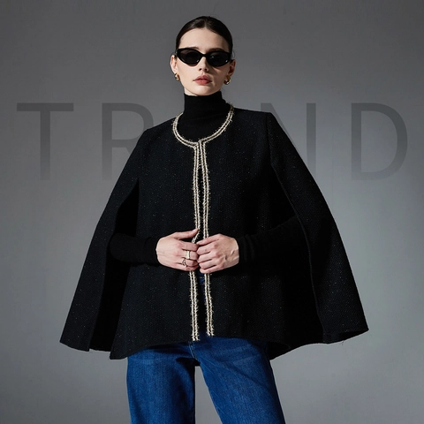 Poncho Negro Estilo Fragancia Pequeña Para Mujer Con Hilo Metálico Dorado Chal Elegante De Tweed Capa Para Primavera Otoño Invierno