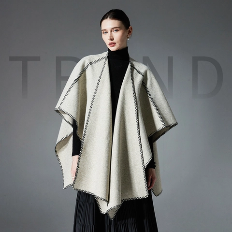 Damen Doppelseitiges Wollähnliches Poncho Schal Jacke Kontrast Überwendlichstich Bordüre Vorne Offen Oversized Decken Cape Wickel Für Winter
