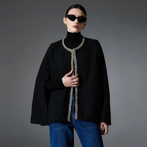 Poncho Negro Estilo Fragancia Pequeña Para Mujer Con Hilo Metálico Dorado Chal Elegante De Tweed Capa Para Primavera Otoño Invierno