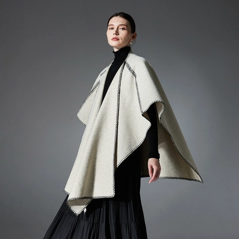 Damen Doppelseitiges Wollähnliches Poncho Schal Jacke Kontrast Überwendlichstich Bordüre Vorne Offen Oversized Decken Cape Wickel Für Winter