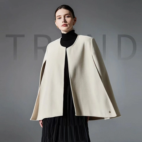Damen Eleganter Doppelseitiger Umhang Aus Wollimitat Ärmelloser Schal Poncho Jacke Winter Warme Vorne Offene Gürtel Oberbekleidung