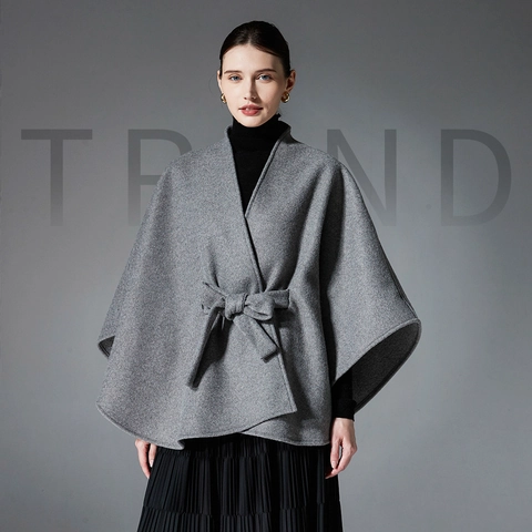 Damen Doppelseitiges Wolltuch Poncho Umhang Mit Gürtel Elegant Einfarbig Übergroße Wrap Schal Herbst Winter Warm Outwear