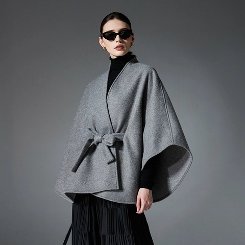 Damen Doppelseitiges Wolltuch Poncho Umhang Mit Gürtel Elegant Einfarbig Übergroße Wrap Schal Herbst Winter Warm Outwear