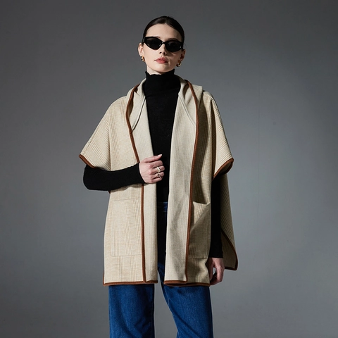 Poncho Casual a Cuadros con Capucha para Mujer Capa de Tela de Doble Cara Chal con Bolsillos Grandes para Otoño Invierno