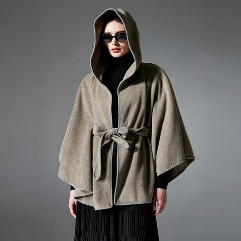 Damen Elegant Doppelseitiger Kapuzen Cape Poncho Mit Gürtel Kontrastbesatz Dicker Winter Warmer Mantel Einfarbig Wickel Schal