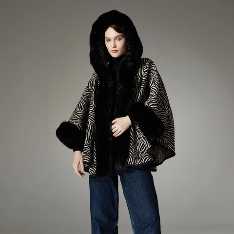 Europäische Mode Zebramuster Kapuzen Schal Poncho Mit Schwarzem Kunstpelzbesatz Dicke Chenille Warmer Winter Cape Für Damen