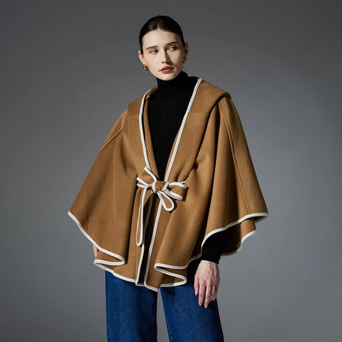 Damen Elegant Doppelseitiger Kapuzen Cape Poncho Mit Gürtel Kontrastbesatz Dicker Winter Warmer Mantel Einfarbig Wickel Schal