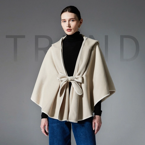 Châle à Capuche pour Femmes Cape Enveloppante en Tissu Double Face Avec Ceinture à Nœud Liseré Contrasté Manteau Chaud Hiver