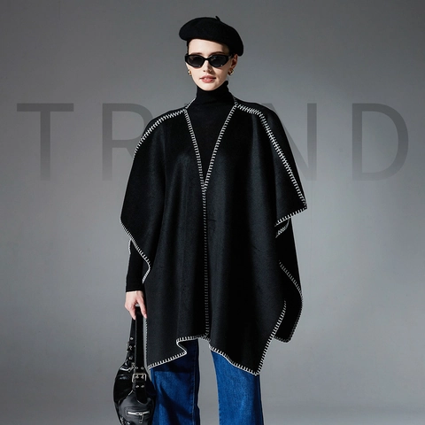 Poncho Cape Femme Mode Européenne Double Face Avec Point de Feston Châle Ouvert Chaud Enveloppement Vêtements d'Hiver