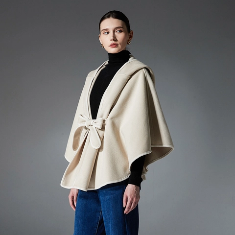 Châle à Capuche pour Femmes Cape Enveloppante en Tissu Double Face Avec Ceinture à Nœud Liseré Contrasté Manteau Chaud Hiver
