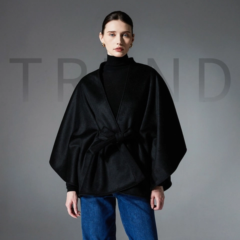 Damen Casual Doppelseitiger Poncho Umhang Mit Gürtel Offene Vorderseite Dicker Winter Schal Wickel Einfarbig Eleganter Damen Mantel