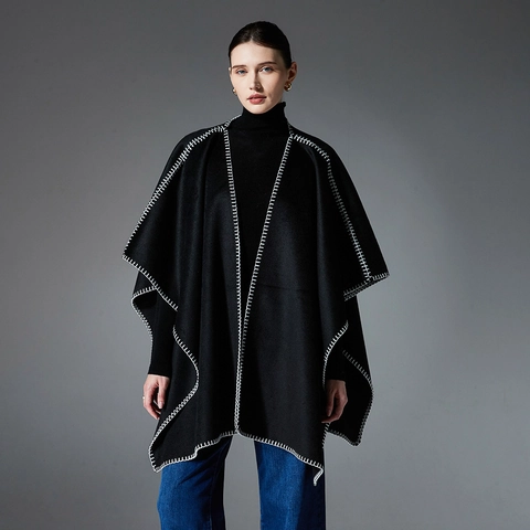 Poncho Cape Femme Mode Européenne Double Face Avec Point de Feston Châle Ouvert Chaud Enveloppement Vêtements d'Hiver