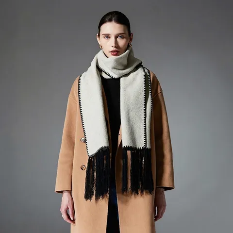 Women Winter Warm Long Scarf Double Sided Woolen Feel Blanket Stitch Zig Zag Stitching Solid Color Long Tassel Shawl Scarf