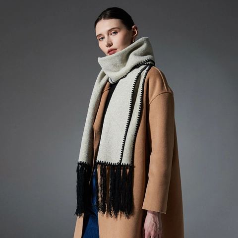 Women Winter Warm Long Scarf Double Sided Woolen Feel Blanket Stitch Zig Zag Stitching Solid Color Long Tassel Shawl Scarf