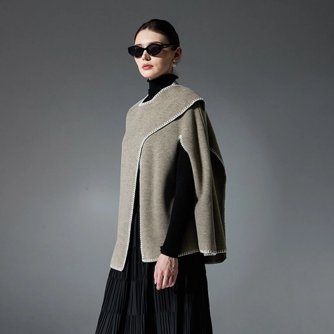 Women Winter Blanket Stitch Cape Shawl Double Sided Woolen Poncho Wrap Elegant Soft Warm Pashmina For Daily Casual Wear
