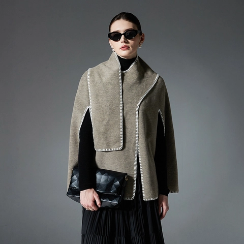 Eleganter Damen Poncho Schal Doppelseitig Mit Kontrast Deckenstich Offenes Cape Für Winter Warme Mode Umhänge