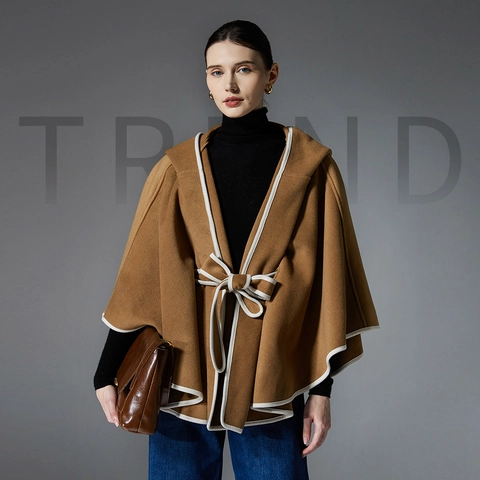 Mantella da Donna con Cappuccio in Poliestere Viscosa Bordino a Contrasto Cintura in Vita Autunno Inverno Caldo Elegante Scialle Poncho