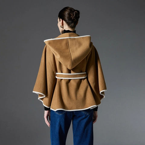 Mantella da Donna con Cappuccio in Poliestere Viscosa Bordino a Contrasto Cintura in Vita Autunno Inverno Caldo Elegante Scialle Poncho