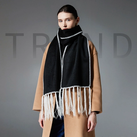 Elegant Solid Color Tassel Scarf With Contrast Stitching Edge Thick Warm Winter Neck Wrap Shawl For Men Women Daily Fashion
