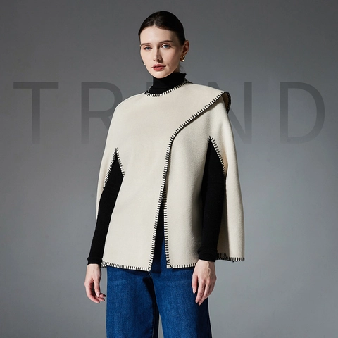 Scialle in Lana Doppia Faccia Stile Europeo Per Donna Bordo a Sopraggitto a Contrasto Mantella Poncho Autunno Inverno Caldo