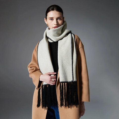 Elegant Solid Color Tassel Scarf With Contrast Stitching Edge Thick Warm Winter Neck Wrap Shawl For Men Women Daily Fashion