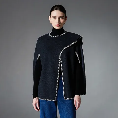 Capa Poncho de Lana de Doble Cara Para Mujer Con Costuras en Contraste Chal Cálido de Invierno Para Oficina y Viajes