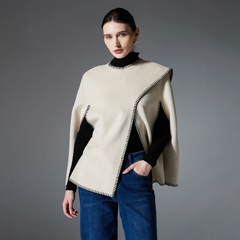 Scialle in Lana Doppia Faccia Stile Europeo Per Donna Bordo a Sopraggitto a Contrasto Mantella Poncho Autunno Inverno Caldo