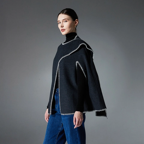 Capa Poncho de Lana de Doble Cara Para Mujer Con Costuras en Contraste Chal Cálido de Invierno Para Oficina y Viajes