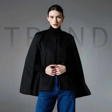 Women Elegant Double Sided Woolen Cape Coat Solid Color Sleeveless Open Front Shawl Cloak For Autumn Winter Daily Outerwear