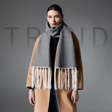 Écharpe Longue Chaude d'Hiver pour Femme Avec Surpiqûres Contrastées en Zigzag Franges Blanches Châle Épais en Polyester Gris pour la Mode