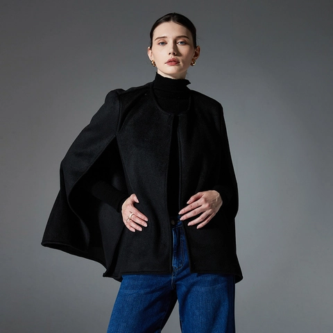 Women Elegant Double Sided Woolen Cape Coat Solid Color Sleeveless Open Front Shawl Cloak For Autumn Winter Daily Outerwear