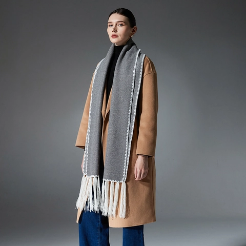 Écharpe Longue Chaude d'Hiver pour Femme Avec Surpiqûres Contrastées en Zigzag Franges Blanches Châle Épais en Polyester Gris pour la Mode