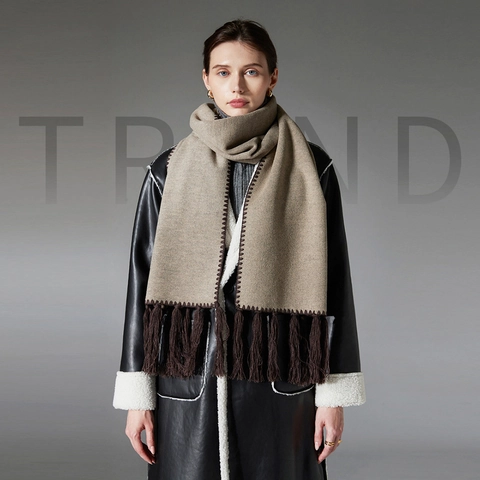 Minimalist Solid Color Winter Scarf For Women Men Soft Warm Polyester Long Fringe Tassel Scarf With Zig-zag Stitching Detail