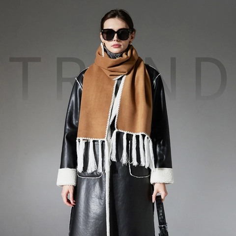 Women Winter Warm Double Sided Wool Like Tassel Scarf Long Camel Solid Color Scarf With White Contrast Stitching Fashionable