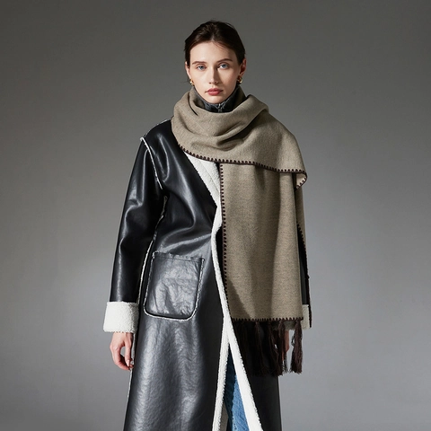 Minimalist Solid Color Winter Scarf For Women Men Soft Warm Polyester Long Fringe Tassel Scarf With Zig-zag Stitching Detail