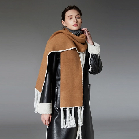 Women Winter Warm Double Sided Wool Like Tassel Scarf Long Camel Solid Color Scarf With White Contrast Stitching Fashionable