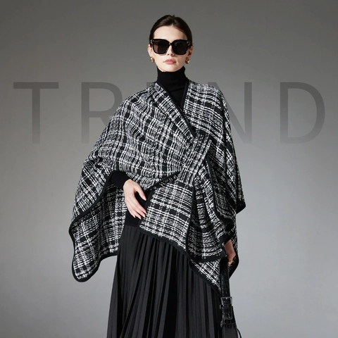 Damen Eleganter Schwarz-Weiß Karierter Tweed Schal Poncho Offene Vorderseite Winter Warm Übergröße Cape Schal Für Büro Alltag