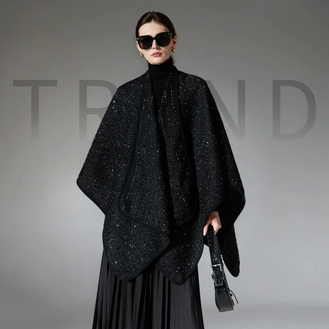 Eleganter Schwarzer Pailletten Tweed Schal Cape Für Damen Wollmischung Wrap Für Winter Hochzeit Party Damen Formeller Poncho Schal