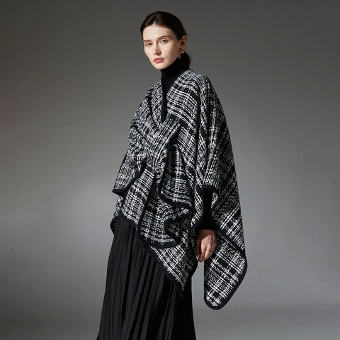 Damen Eleganter Schwarz-Weiß Karierter Tweed Schal Poncho Offene Vorderseite Winter Warm Übergröße Cape Schal Für Büro Alltag
