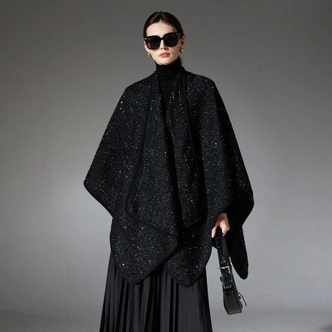 Eleganter Schwarzer Pailletten Tweed Schal Cape Für Damen Wollmischung Wrap Für Winter Hochzeit Party Damen Formeller Poncho Schal