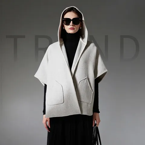 Damen Wolle Kaschmir Kapuzen Umhang Poncho Mit Großen Taschen Kontrastpaspelierung Warm Winter Mittellang Offene Vorderseite Schal Oberbekleidung