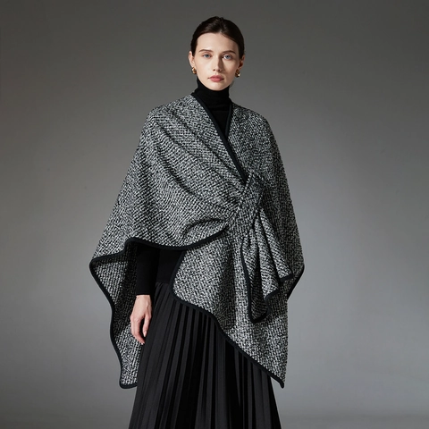 Scialle Mantello da Donna in Misto Lana Filato Bouclé Caldo Inverno Tweed Poncho a Maglia Elegante Nero Bianco Misto