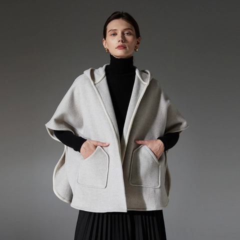 Damen Wolle Kaschmir Kapuzen Umhang Poncho Mit Großen Taschen Kontrastpaspelierung Warm Winter Mittellang Offene Vorderseite Schal Oberbekleidung