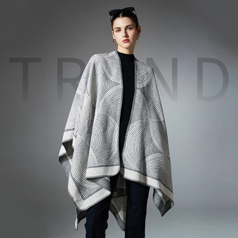 Chal de Punto Jacquard Geométrico para Mujer Mezcla de Lana Cachemira Poncho Abierto para Invierno Otoño Bufanda Cálida para Mujer
