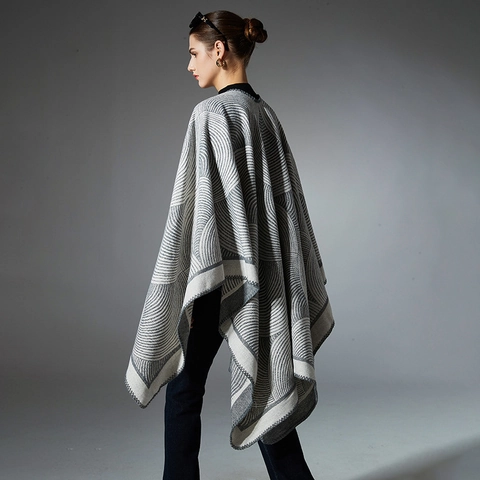 Chal de Punto Jacquard Geométrico para Mujer Mezcla de Lana Cachemira Poncho Abierto para Invierno Otoño Bufanda Cálida para Mujer