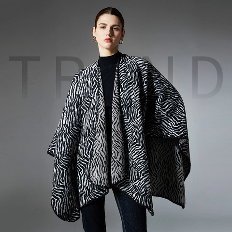 Dames Zebrapatroon Gebreide Poncho Sjaal Warm Halflang Oversized Open Voorzijde Cape Wrap Herfst Winter Mode Outwear