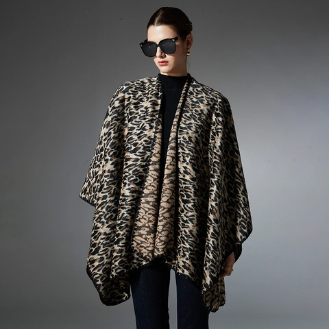 Luxus Leopardenmuster Strickschal Poncho Für Damen Dick Warm Winter Cape Oversize Tiermuster Wickelschal Modeaccessoire