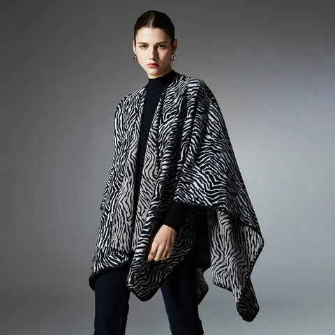 Dames Zebrapatroon Gebreide Poncho Sjaal Warm Halflang Oversized Open Voorzijde Cape Wrap Herfst Winter Mode Outwear