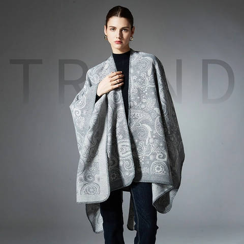 Dames Vintage Paisley Jacquard Poncho Sjaal Wolmix Open Voorkant Middellange Boheemse Warme Cape Herfst Winter