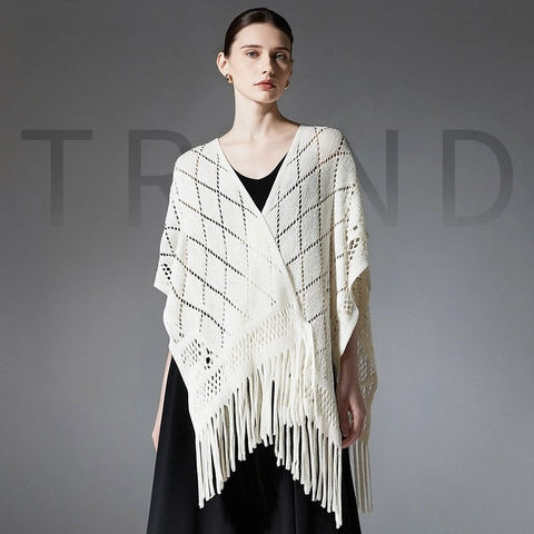 Damen Strickschal Poncho Mit Quasten Geometrischer Häkelumhang Für Frühling Sommer Herbst Mode Damen Wickeloberbekleidung